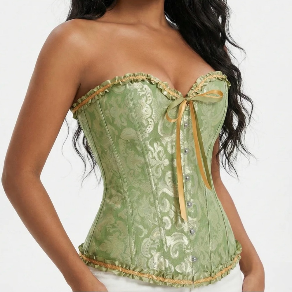 Corset Green & Gold Over Bust Laced Back Zippered Victorian Bustier
